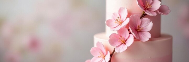 Obraz premium Delicate pink blooms cascade down pastel wedding cake, summer, floral, buttercream