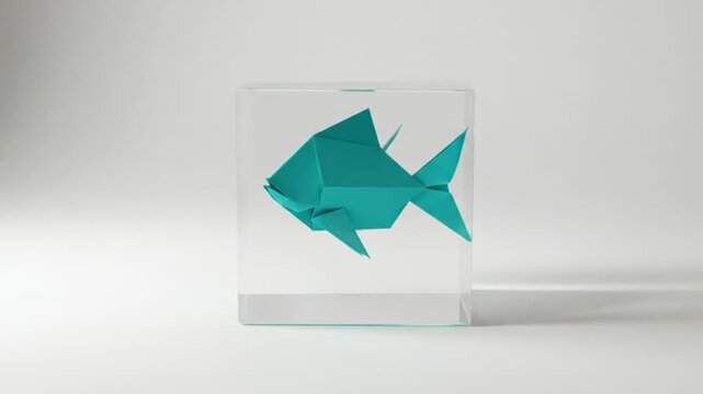 A translucent cube showcasing vibrant origami fish, highlighting creativity and design in a minimalist setting