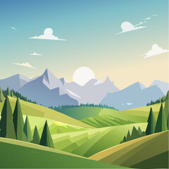 A stylized illustration of a serene mountain landscape with rolling green hills and a rising sun.