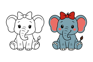 Obraz premium Cute cartoon baby elephant girl sketch with a bow, colored and outline version for a children's coloring book.