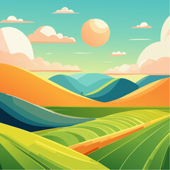 A colorful, stylized landscape illustration featuring rolling green fields, distant hills, and a bright sun in a peaceful, cloudy sky.