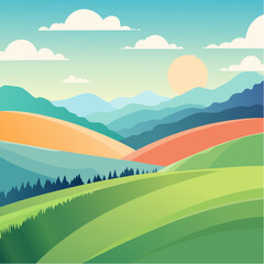 Obraz premium A colorful illustration of rolling hills and mountains under a sunny sky.