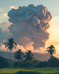 Massive Volcanic Eruption with Towering Ash Cloud over Tropical Landscape at Sunset, Palm Trees Silhouetted in Foreground
