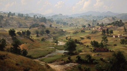 Serene Valley Landscape: A Pastoral Vista of Rolling Hills, River, and Village