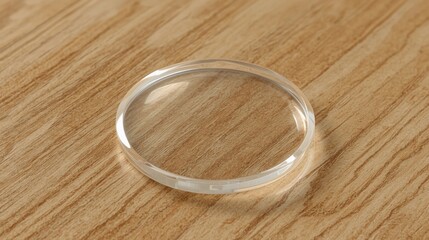 
Floating Transparent Glass Circle – Smooth Bevel and Sharp Detail on Natural Wood Texture with Warm Tones and Soft Shadows in Lucid Realism Photorealistic Style