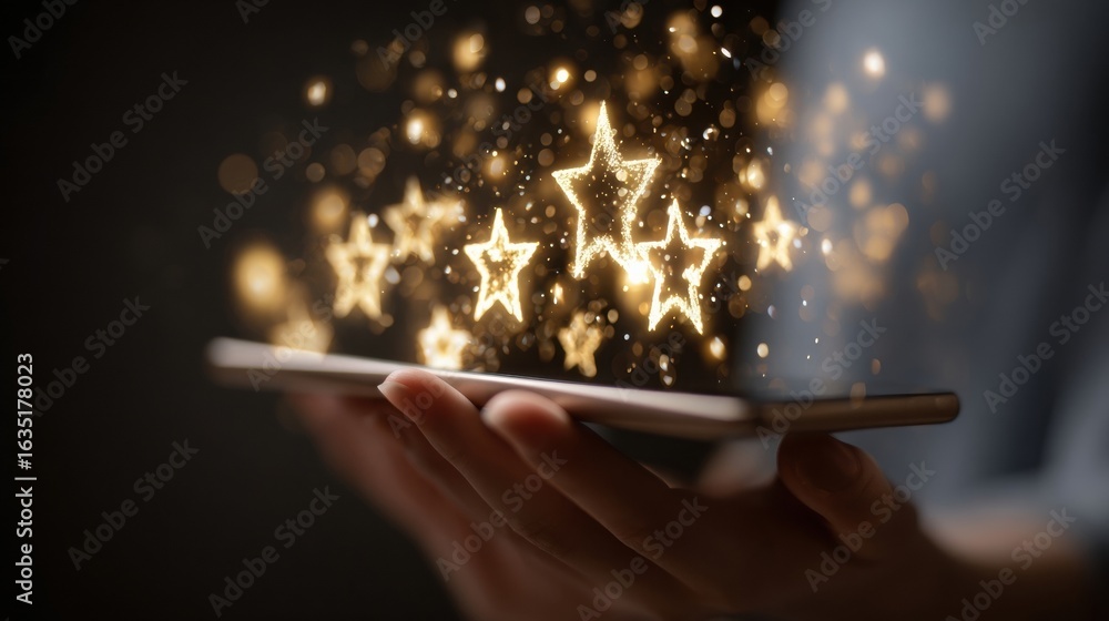 Poster engaging with a smartphone displaying glowing stars and magical effects in a dark environment