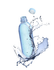 Soda water in bottle and splash against white background