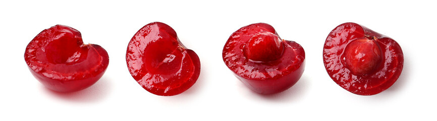 Halved fresh cherry on white background, top and side view