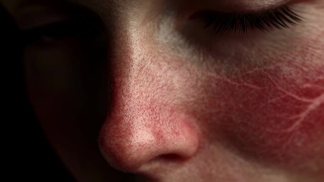 Macro view of delicate facial capillaries visibly widening with red blotchy areas spreading across the cheeks in a rosacea reaction.