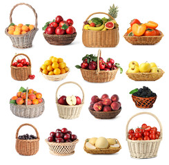 Fresh fruits in wicker baskets isolated on white, set