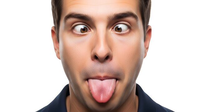 Man crossing eyes and sticking out tongue, exaggerated goofiness, front view, high key light, close-up, pure white backdrop.
