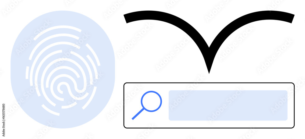 Poster minimalist fingerprint, search bar with magnifying glass, arrow symbolizing direction. ideal for sec