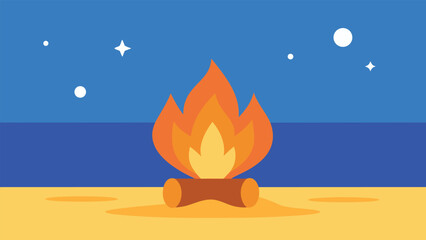 A glowing campfire on the beach under a starry night sky, creating a warm and inviting atmosphere.