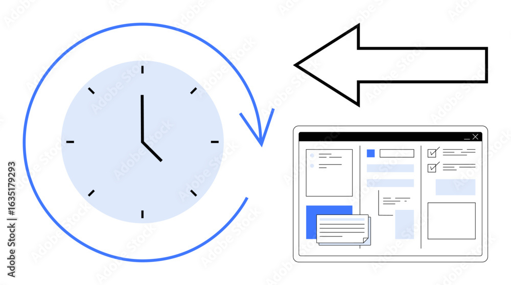 Poster clock with circular arrow beside webpage layout symbolizes backup, time management, and recovery pro