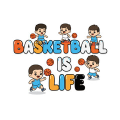 Cheerful Young Boy Playing Basketball and Celebrating Life in Colorful Cartoon Design