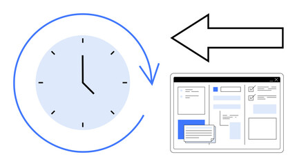 Clock with circular arrow beside webpage layout symbolizes backup, time management, and recovery process. Ideal for technology, data security, scheduling, process automation, productivity, planning