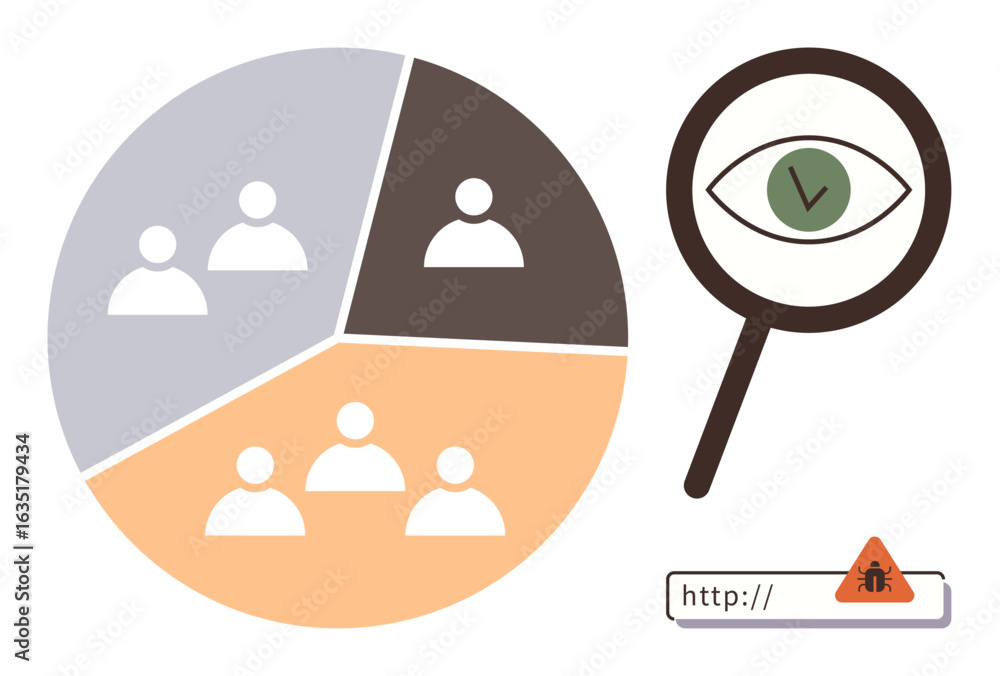 Poster pie chart with team icons, magnifier with green eye for analysis, and url bar with virus warning. id
