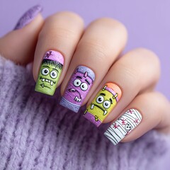 Spooky fun nail art featuring adorable Frankenstein monsters and mummy designs, perfect for Halloween celebrations and festive manicures