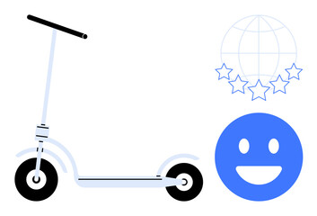 Stylish scooter and blue happy face alongside a globe with stars emphasize global sustainability, fun, eco-friendly commuting, innovation, positivity. Ideal for mobility, green energy, happiness