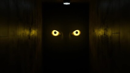 Mysterious glowing eyes in a dark corridor, creating an eerie atmosphere with shadows