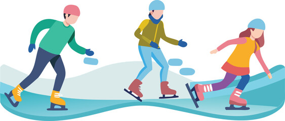 Three individuals skate gracefully on a smooth ice surface, enjoying a winter day together.