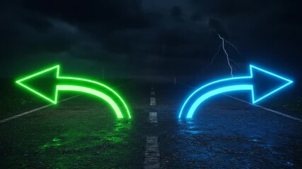 Neon arrows indicating direction on a wet road during a thunderstorm at night, creating a dramatic scene - Powered by Adobe