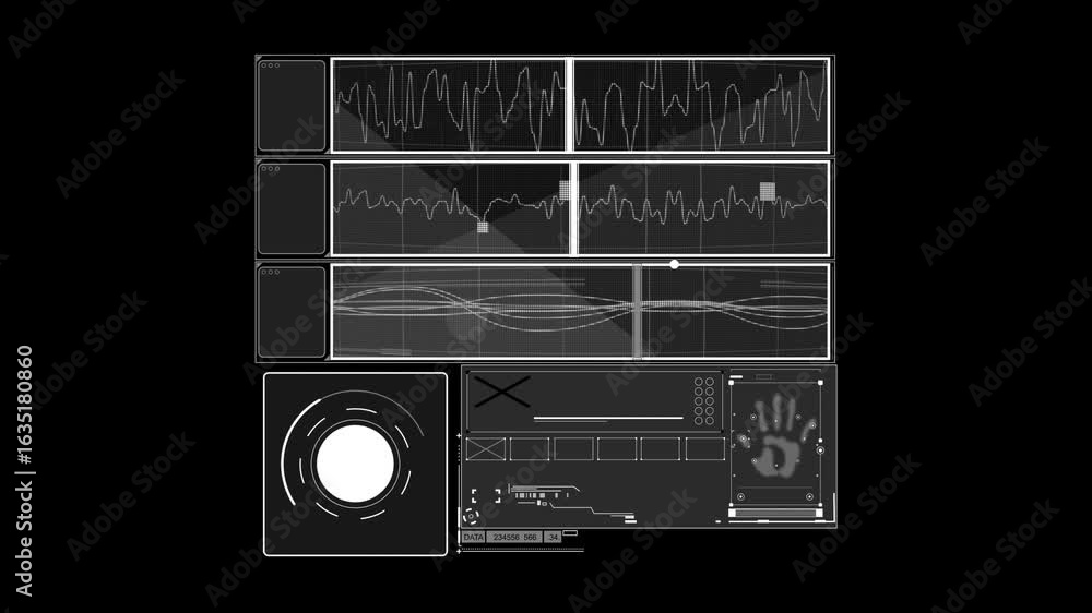 Poster a digital interface displays a variety of real-time data metrics, including line graphs and a hand s