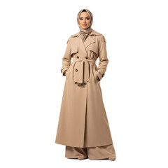 Woman in hijab and long beige trench coat with belt posing against a white studio background view