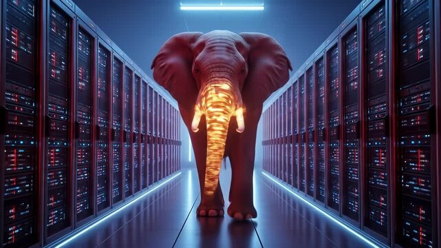 Glowing Tusks of Elephant in Futuristic Server Room Surreal and Intriguing Technology Scene with Illuminated Lights