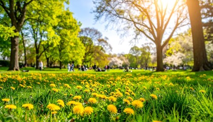 Sunny park scene with dandelions