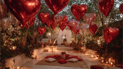 Romantic Garden Rendezvous: A Night Under Heart Balloons