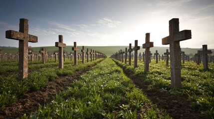 Rows of Crosses in a Field: A Serene Remembrance