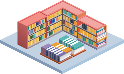 Obraz premium Isometric illustration of a library featuring books, bookshelves, and a cozy reading area.