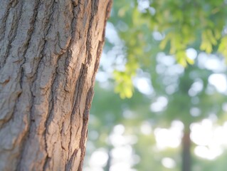 Obraz premium Tree trunk bark texture with defocused green foliage natural background