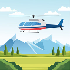 Scenic Helicopter Flight over Mountain Landscape with Clear Skies and Green Fields