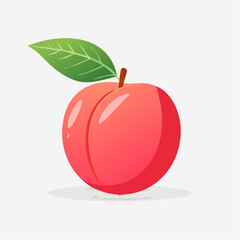 A cartoon depiction of a ripe peach with a vibrant leaf conveying a fresh and juicy image