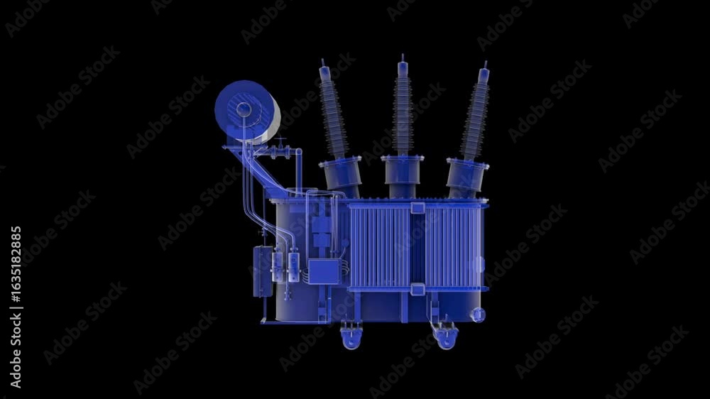 Poster a blue, translucent, animated x-ray of a transformer rotating on a black background. the transformer