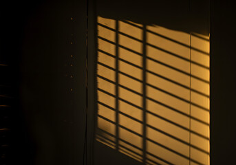 Sunlight streams through window blinds, casting a geometric shadow pattern on a wall.