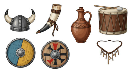 Viking cultural artifacts arranged: Helmet, horn, jug, drum, shield, necklace