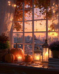 A cozy autumn scene with pumpkins, candles, and falling leaves, framed by a warm golden sunset through the window.