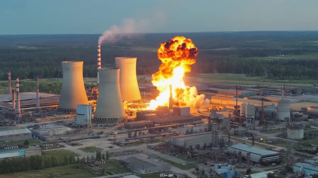 Industrial explosion near cooling towers at power plant