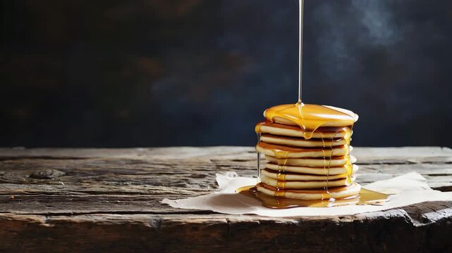 Maple syrup pouring on pancakes on rustic wooden table