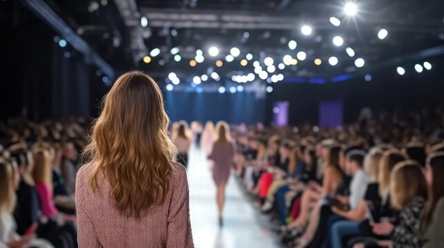 Fashion show spectacle with model on runway and seated audience