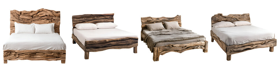 Obraz premium Rustic bed frames featuring unique, natural wood patterns, showcasing organic forms, craftsmanship, and cozy linens for elegant bedroom design.