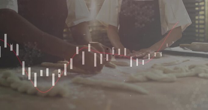 Bakers picking up dough ropes, rolling on floured counter overlaying bar charts and red line graph
