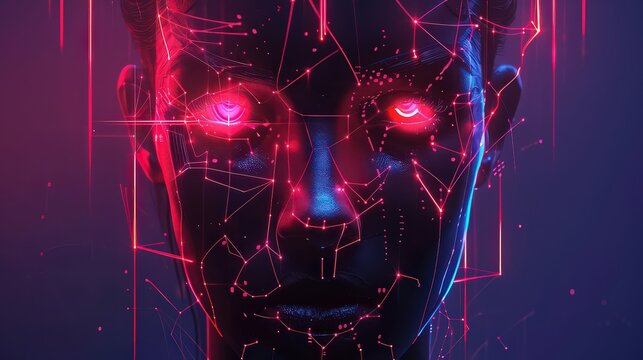Abstract face with glowing red eyes and geometric network pattern in a dark blue and red color scheme