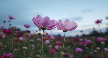 Stunning Pink Cosmos Flowers in a Vibrant Field at Sunset
