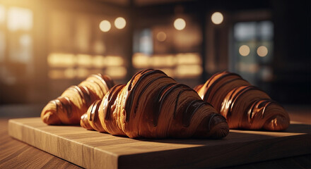 Fresh croissants on a wooden board in a bakery
