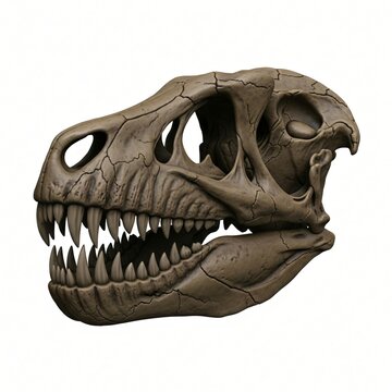 A detailed dinosaur skull, likely a tyrannosaurus rex, with sharp teeth and a weathered texture, isolated on a white background