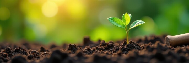 Seedlings sprout amidst gardening tools on rich soil , flower, brown, botany